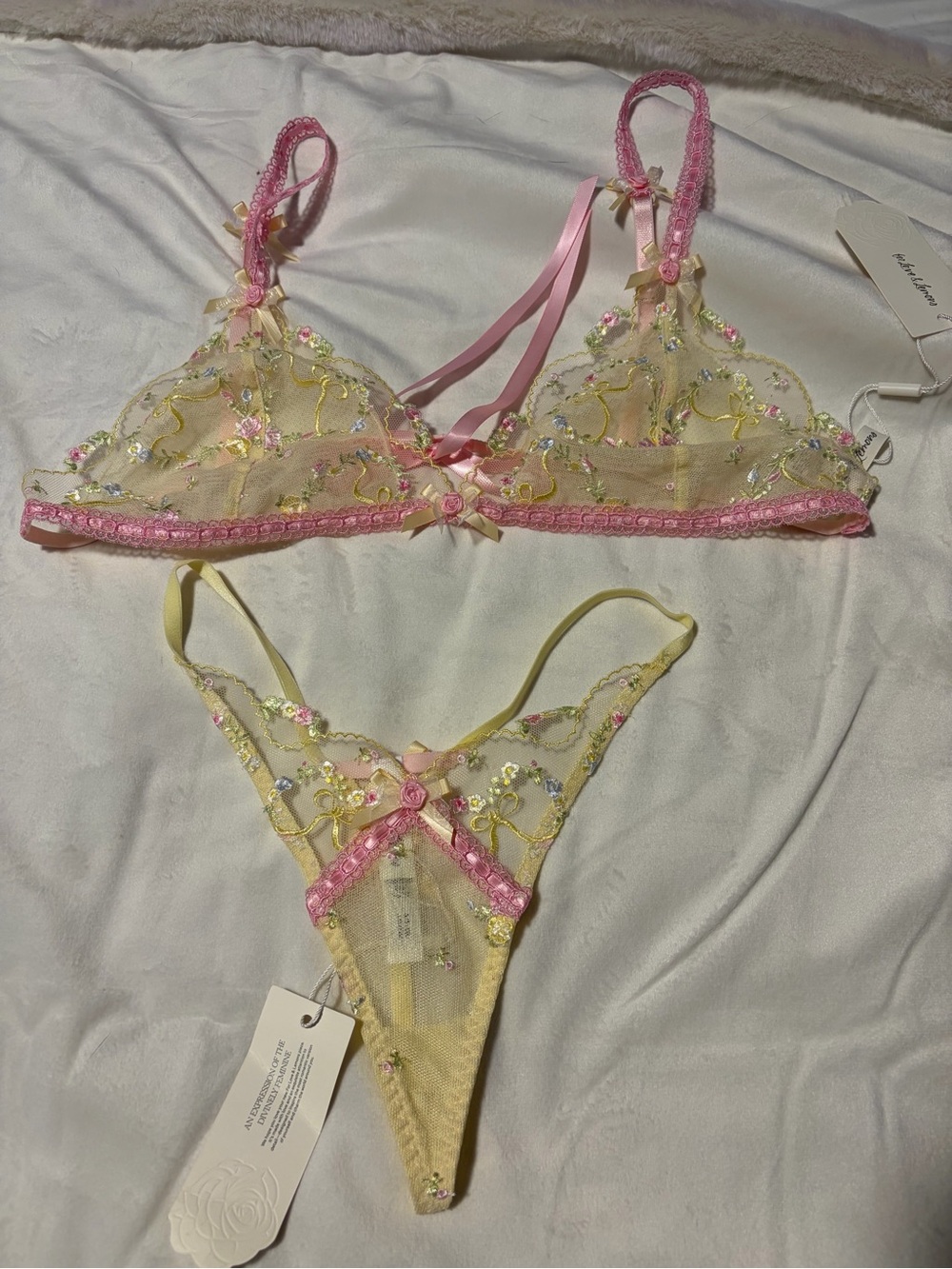 NWT. For Love & Lemons.  Pink & Cream Floral Embroidered Bralette and Thong.